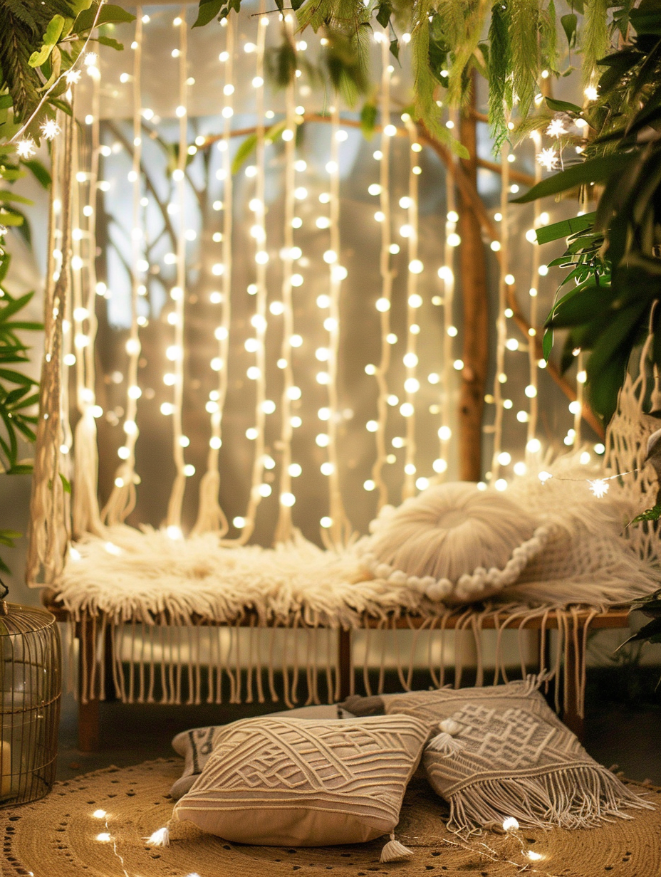 Boho Themed Party Design. Macramé backdrops with low hanging white fairy lights.