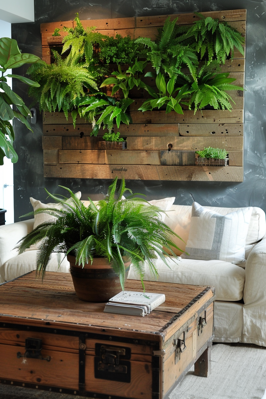 Living room design. Antique wooden coffee table, potted ferns, vertical herb garden wall.