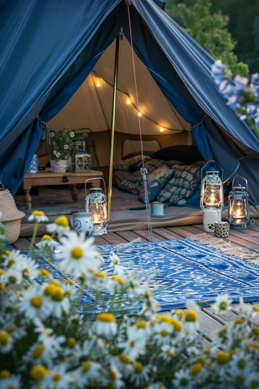 Blue themed glamping. Navy blue outdoor canvas tent accented with chamomile flowers and porcelain lanterns.