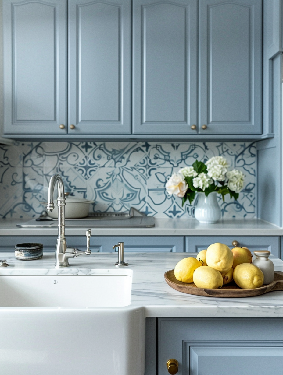 Blue Kitchen. Light blue painted cabinets with white marble countertops and patterned ceramic tile backsplash.