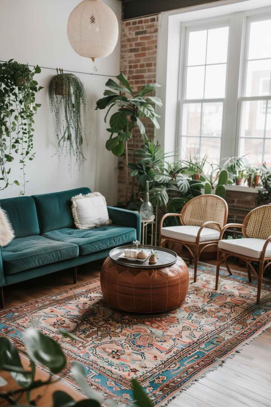 Boho-designed living room. Warm-toned vintage rug, hardwood flooring, mid-century modern teal sofa, leather ottoman with a glass top as a coffee table, woven rattan armchairs with white cushioning, round metal side table holding a string of pearls succulent, against the wall stands a creative grass and plant wall installation.