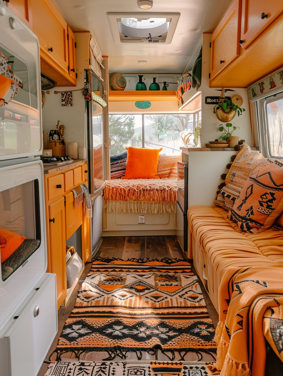 Full interior view of boho designed Camper. Pastel orange color scheme with patterned Aztec floor mats.