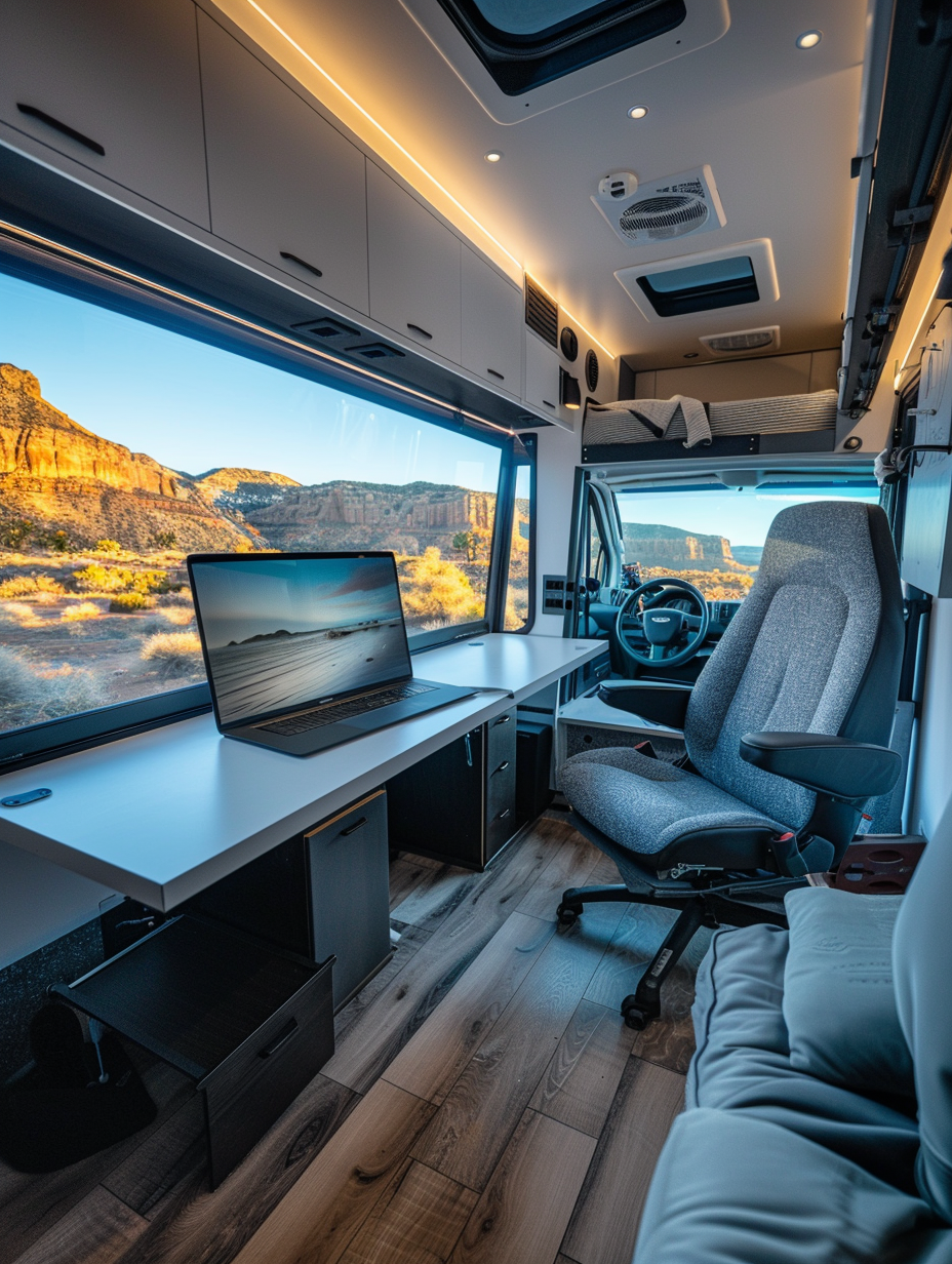 Interior of an RV dedicated for remote working and living. Wall-mounted monitor with integrated retractable standing desk, concealed foldable bed, compact all-in-one fitness equipment in corner, outdoor scenery visible outside wide kitchen window.