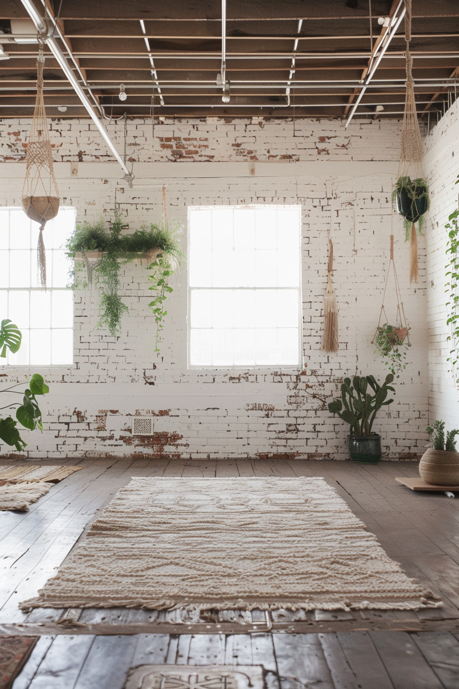 Yoga studio. Minimalistic aesthetics with white brick walls, multi-jute rugs, macrame plant hangers, wooden furniture, and touches of turquoise.