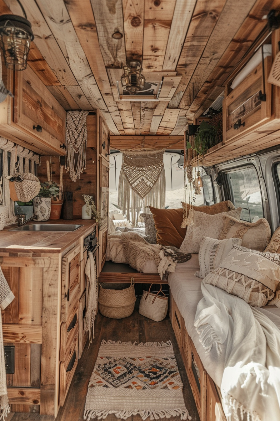 Boho Sprinter Camper Van. Wood interior with macrame window hangings.