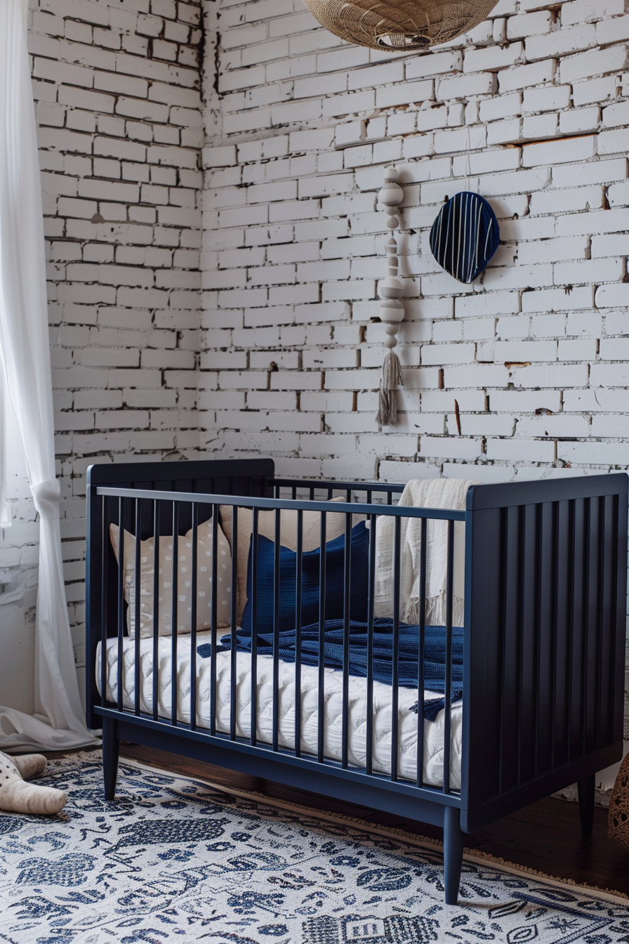 Modern interior baby boy nursery room. Navy themed crib set against white brick wall.