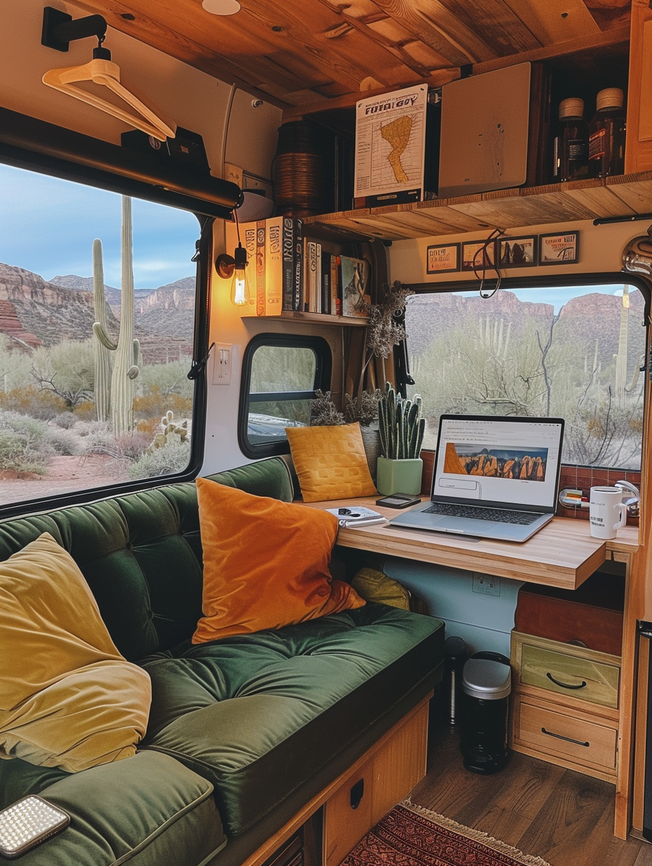 Interior of remote work-capable RV. Space-maximizing furniture arranged before a large front windshield with Arizona desert visible outside. A laptop open on a slide-out desk area. Velvet green couch adorned with rectangular rust red and mustard yellow cushions, neighboring a tiny cactus gardening station. Lantern style LED lights with undermounts configured under neat wall-hanging shelves, storing folded shirts and camping gear. Kitchen/high top bar adjoining work area, featuring teak countertop final description: spread-out aluminum notebook. Visible collectables include half-read stack of books, spill-proof coffee mug, hiker boots below the shelves, and National Park map pinned on the fridge revealing notes from last route travels.