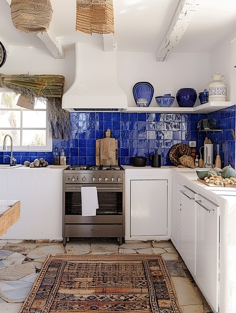 Boho kitchen. Cobalt blue Moroccan wall tiles with white cabinets and driftwood accents.