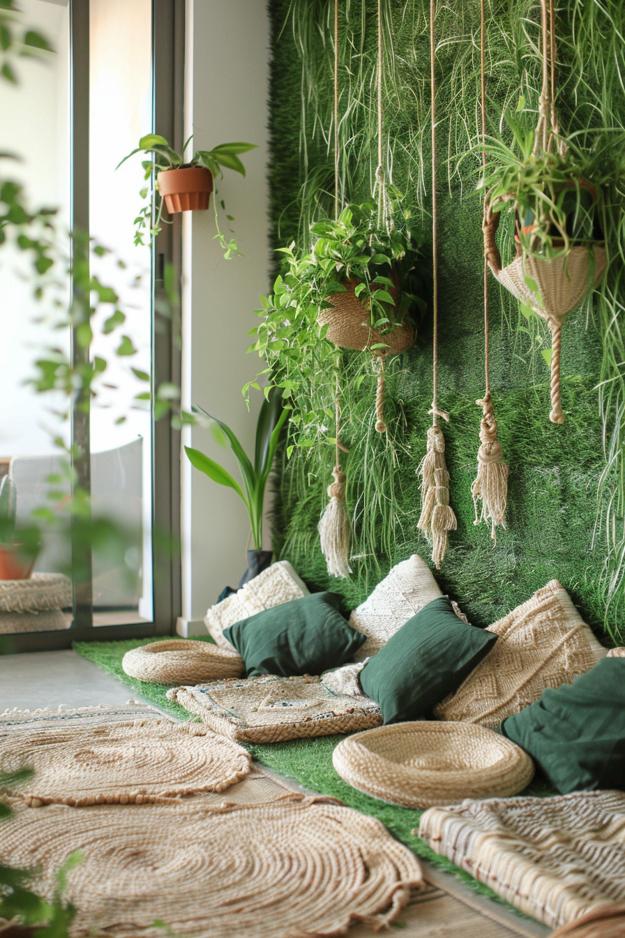 Boho Living Room. Grass wall with sea-grass cushions and hanging macrame plant holders.