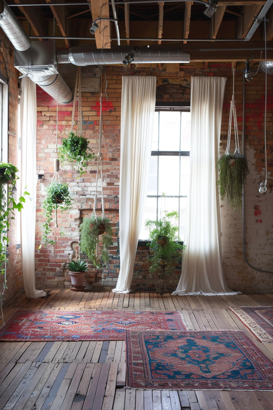 Yoga studio. Exposed brick walls, a bamboo floor, hanging macrame planters with green succulents, vibrant kilim rugs, natural light drenching through large, industrial style windows with white drapes.