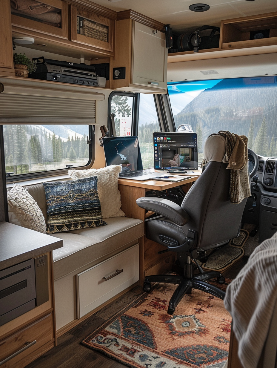 Interior view of an RV. Oak hardwood desk by a window overlooking mountains, with multiple computer screens and a comfortable ergonomic chair. Sketches, a headset and an open laptop on the desk. Western-style rug covering the RV floor adds a splash of color inside the otherwise neutral toned space with its oak cabinets, stylish beige pull-out couch, and coordinated accessories. Comfort is vital, with contemporary plush pillows, beautiful soft-glow desk lamp, neatly stacked books, mini fridge placed insightfully for quick coffee refills, puffy berth with storage spaces underneath, a fully equipped compact kitchenette in pilot-log cabin and a condensed bathroom — all reflecting the careless office-meets comfy home idea deliberately. A tasteful array of potted succulents by the window nurtures the inescapable draw back to nature.