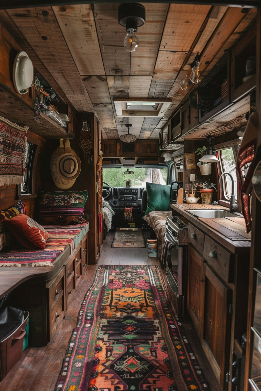 Sprinter Camper Van. Dark wood interior with a multicolored, hand-woven Moroccan rug.