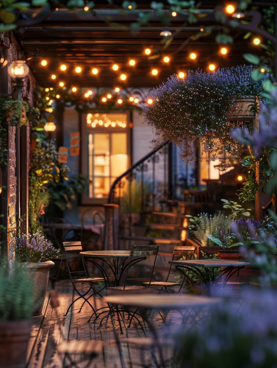 Full view of Small and beautiful Urban Rooftop. Iron wrought tables, strings of fairy lights, pots of lavender planted near the staircase, with ensuing sunset providing a faintly yellow glow to entire space.