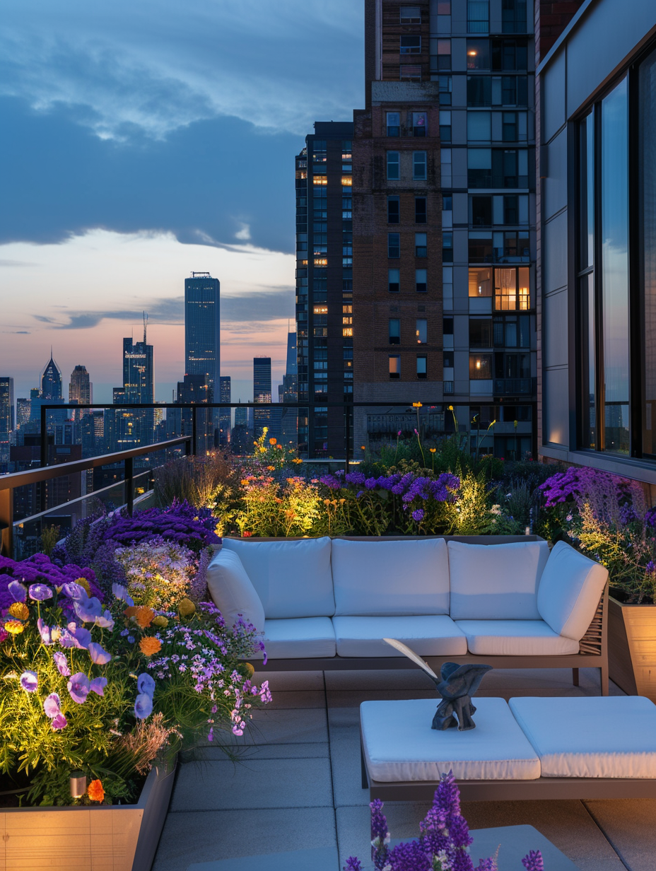 Urban Rooftop. Well-maintained container flowers alongside white patio furniture, with panoramic view of twilight city skyline in the backdrop.