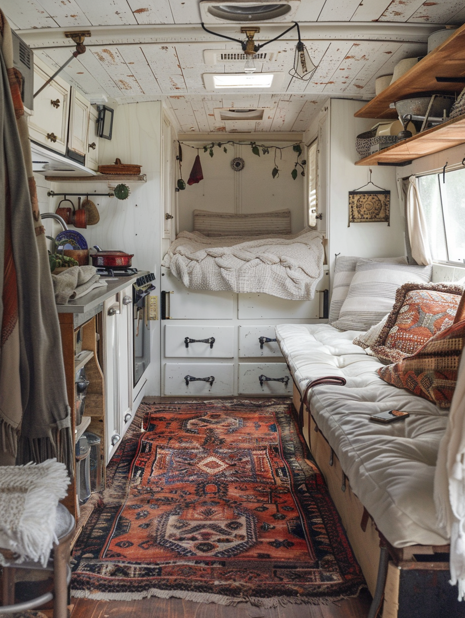 Boho design camper interior. Persian style rug, cream leather seating and distressed wooden cabinets.