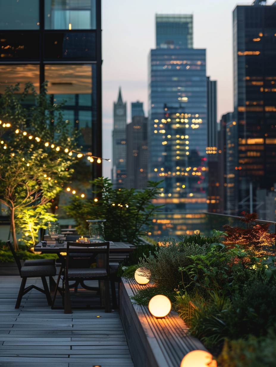 Small and beautiful Urban Rooftop. Lush green plantings encased in elevated wooden beds, coupled with a slate grey bistro seating set and strings of small, white globe lights nearby, all set against rooftop views of contemporary glass high rises at sunset.