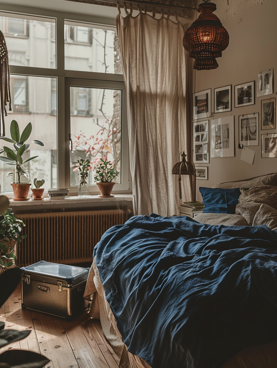 Loft bedroom interior, boho chic style. Dark wooden floors, cream walls draped with sepia-toned macrame and polaroid photos, bed with matte navy blue linen spread, vintage silver trunk on the side, Tiffany styled pendant light, spacious open glass windows displaying a cityscape.