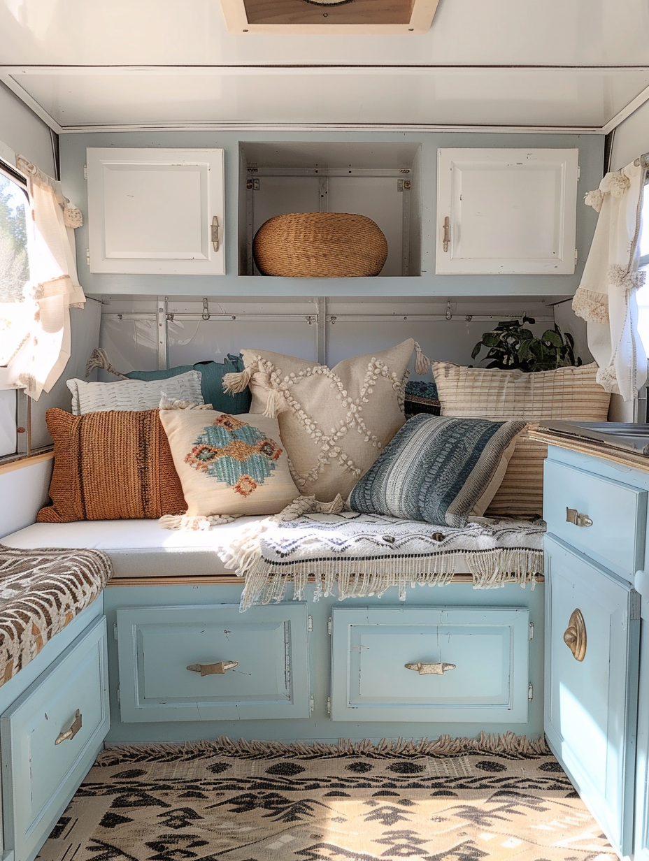 Interior view of boho camper. Powder blue pastel cabinets with bright white upholstered cushions and geometric Aztec-printed throw pillows.