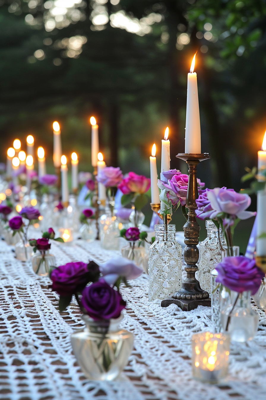 Backyard Dinner Party Table decor. A sustained wooden center table laden with a white crochet tablecloth bearing small, intricate floral pattern detailing, topped by a vintage bronzed candelabrum holding white pillar candles, in between small irregular fluted transparent freestanding vases with fresh purple roses.