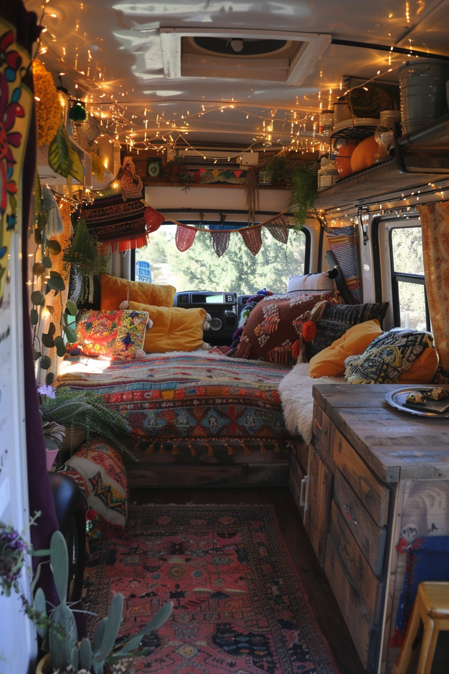 Boho Camper Sprinter Van. Decked with fairy lights and colourful texture rugs.