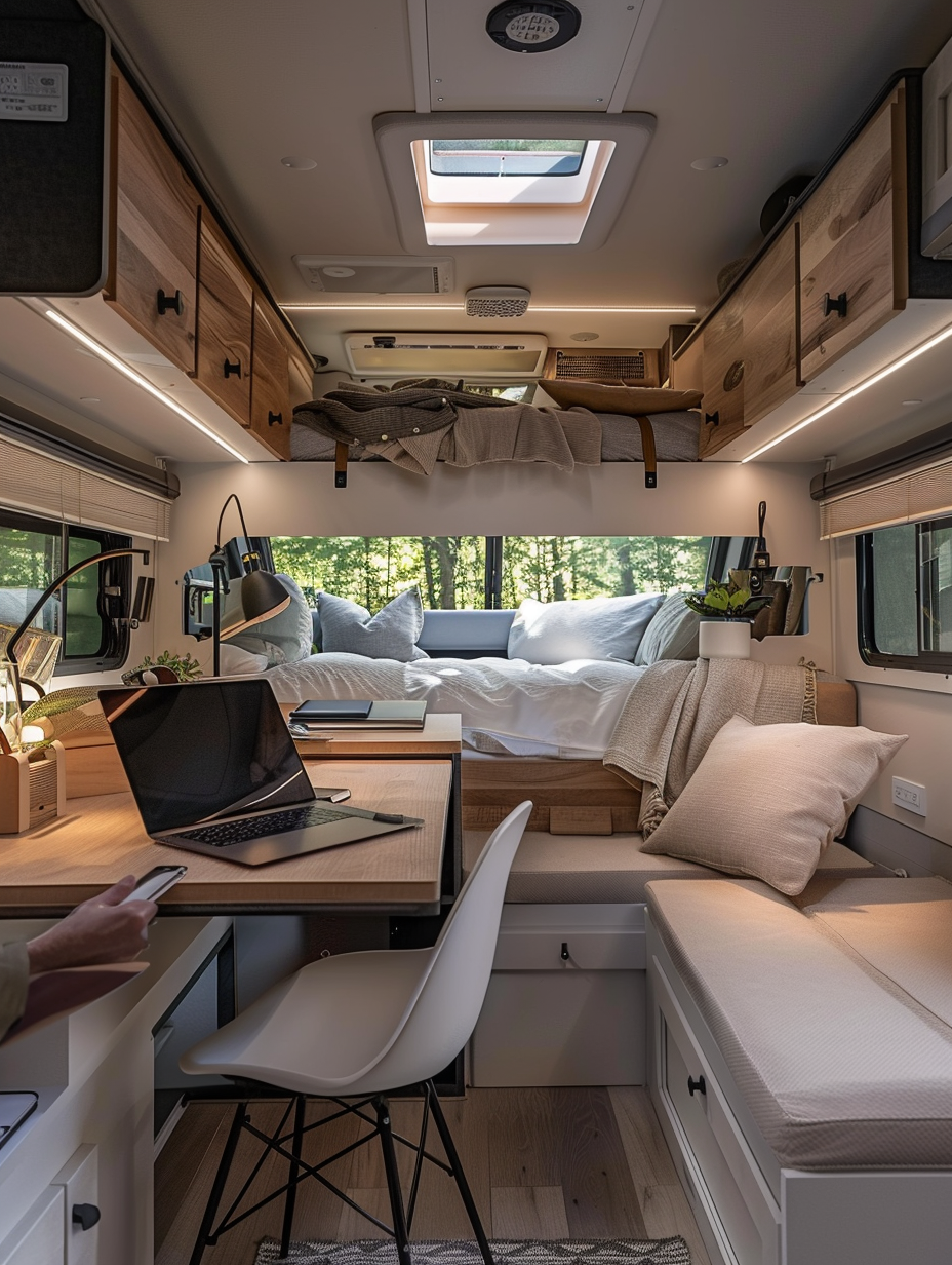 Interior view of an RV. Wall-mounted floating desk near window, pull-out sofa bed, compact kitchenette area with modern appliances, small bathroom in the rear, warm LED lights, neutral color scheme with wooden accents, and neatly organized overhead storage cabinets.