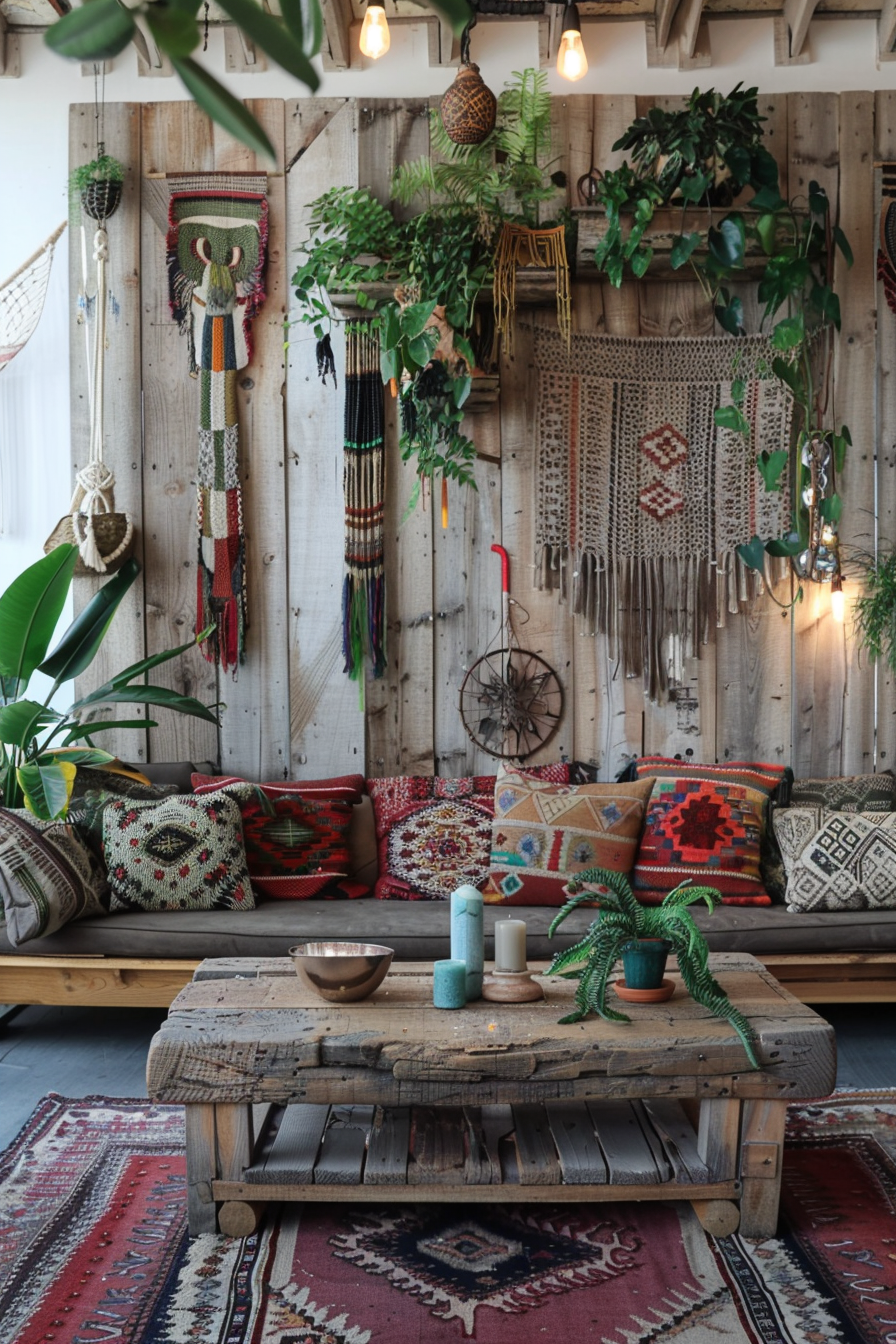 Boho designed Living Room. Earthy tones for sofas and rugs, accessorized with mix of abstract and tribal patterned cushions, supplemented by eco-friendly furniture in unpolished wood and metallic throw pillows. A wall standout feature of a vertical plant installation, containing various desert grasses and low maintenance green plants against a weathered wood paneled wall. Suspended dream catchers, macrame hanging art and indoor terracotta pots, housing fig trees, round out the boho natural elements. Each piece of wooden furniture distinct in raw finishing touches freshening indoor air quality and establishing effectual character appeal. Strategic lighting fixtures including hurricane lanterns, string lights to amplify the blend of cozy and cool aesthetic. Inartificial fibers like jute or sea-grass to bind the rustic folk-storage setup, garnished by decorated candle holders, to bring striking options in warmth requisite zones to build a crescent of copacetic nuances. Prime liking for colors including white, green, brown and filtered sunlight from bohemia fueling curtains or drapes, to embrace a whole modish rustic allure-thrapeutic chilled out sanctum.