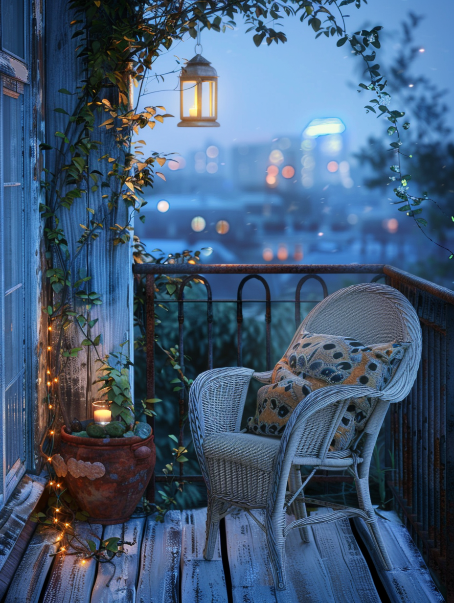 Full view of a small, rustic-style balcony. Pale blue wooden floorboards, a worn-out ivory wicker chair with tortoise patterned cushion, trailing ivy from a clay pot, a modest lantern hanging from the bare iron railing, and distantly visible sparkly radiating city lights reflect in the background.