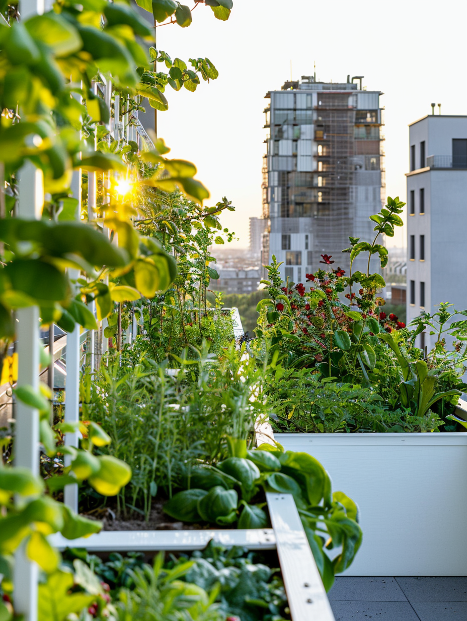 Full view of a small and beautiful urban rooftop. Herb garden with white trellises.