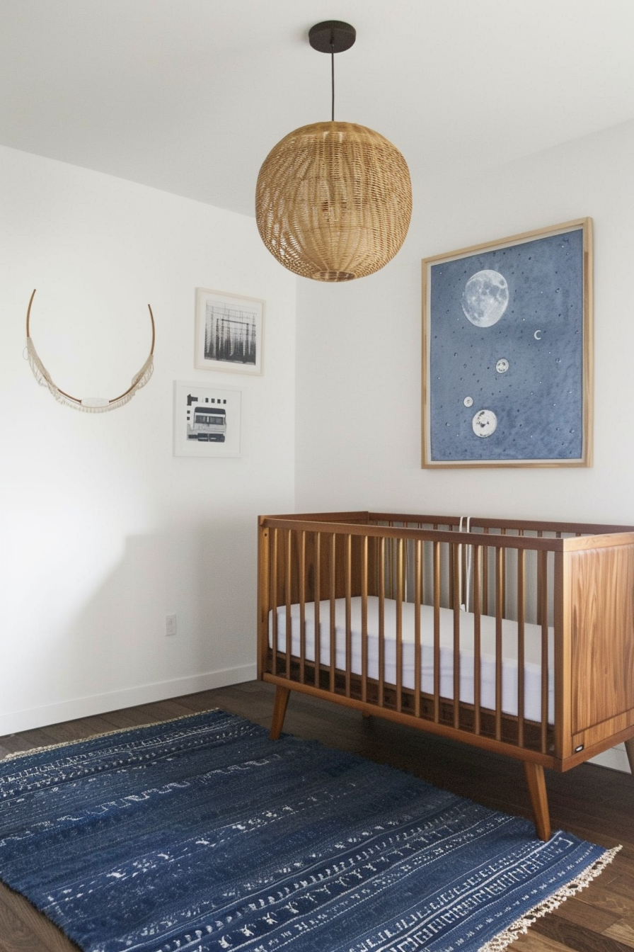 Modern baby boy nursery room. White walls, blue rug, wooden crib, and moon-themed artwork.