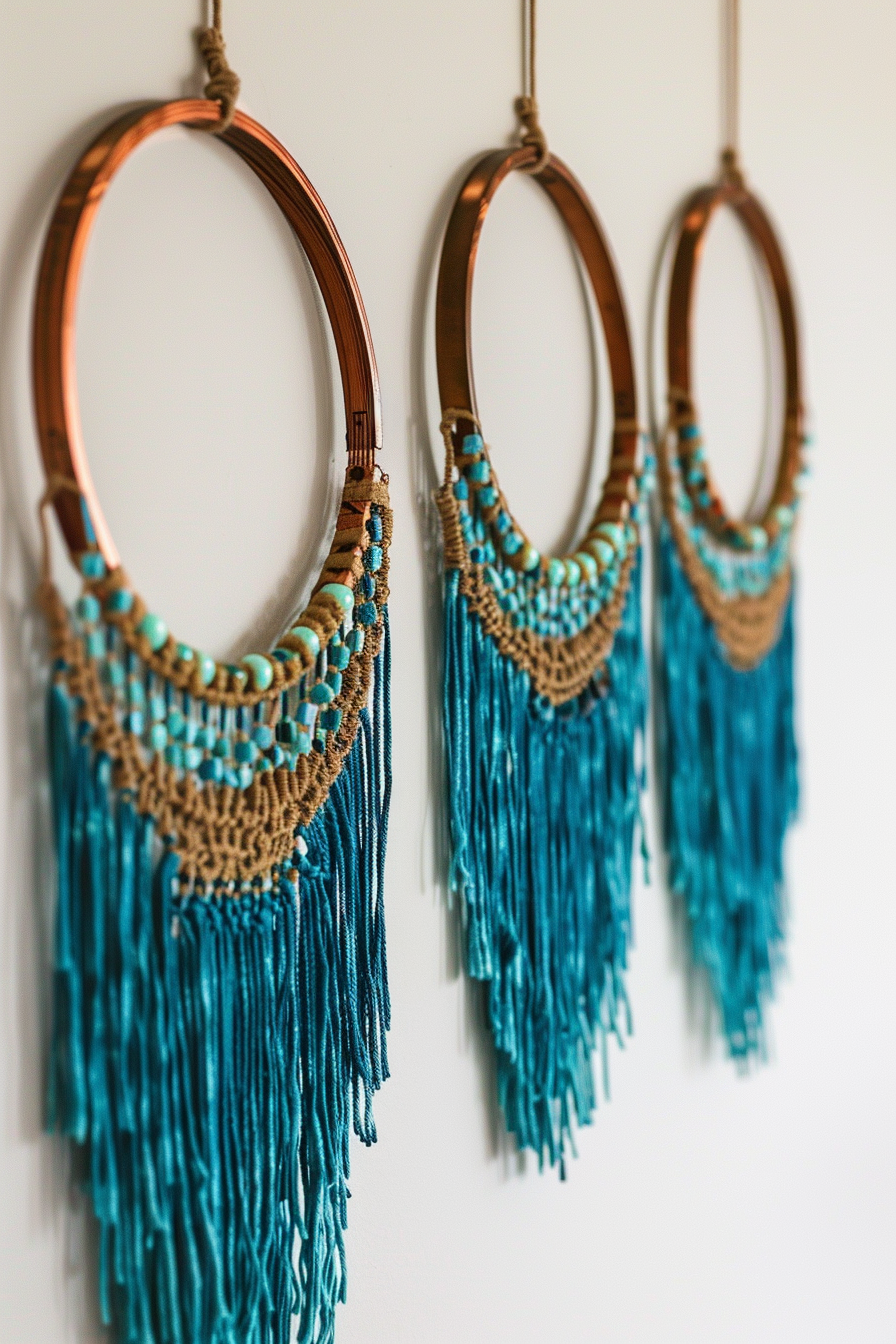 Bohemian wall art. Macrame hoops with turquoise beading.