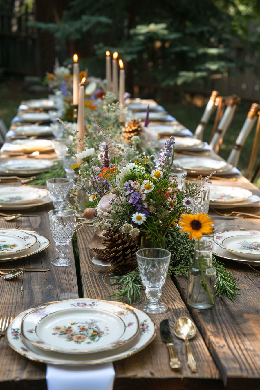 Backyard dinner party table decor. Wooden table adorned with gold rimmed glassware and mismatched white china plates, neatly topped with linen monogrammed napkins. Centered with wildflower arrangements in repurposed mason jars and tarnished silver candlestick holders holding beeswax taper candles. Garnished with gold, glittery pinecones and birch branches scattered around.