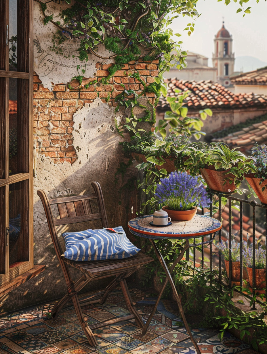 Small and rustic designed balcony. Cracked concrete floor, weathered wooden folding chair with blue-striped cushion, overflowing terracotta pot of lavender, small mosaic tiled table with a wrinkled paperback book and espresso cup, wrought iron balcony railing, vine-covered brick wall backdrop with glimpses of an ancient cityscape in the far.