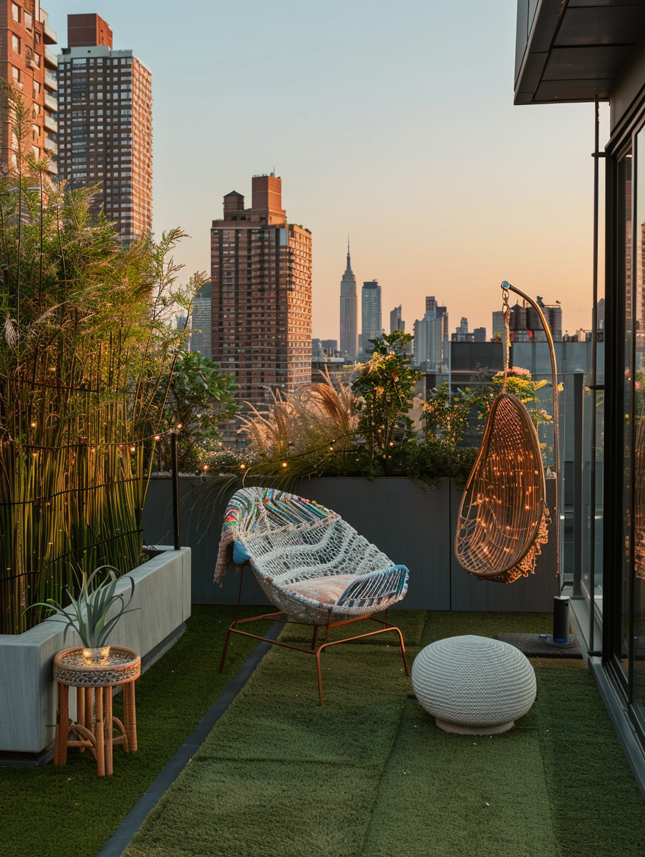 Full view of a small, beautiful urban rooftop. Rectangular shaped rooftop covered with jade light green turf and dotted with narrow, slate grey planters housing tall sprouting bamboo clusters handsomely positioned vertically. To one corner, a half-circle willow rattan lounge chair matched with a tiny elephant ear indigo side table. Manifest diagonally, towards the farther right, sits a sunset-daded-red crocheted boho swing hung doodling gently as a slight breeze juicily providing fragrance necessitates element of resfreshment assesmbly apart tiles QLatinically carpeted with strings of solar fairy lights cramming the scene. A bunch twilight sky constitutes splashy watercolor amalgamation touch magenta blueness echeloned brocade golden-rays stars parachured translucent dry blossom of laughter of the disappearing sun falling atop serene structures significantly flavor need.