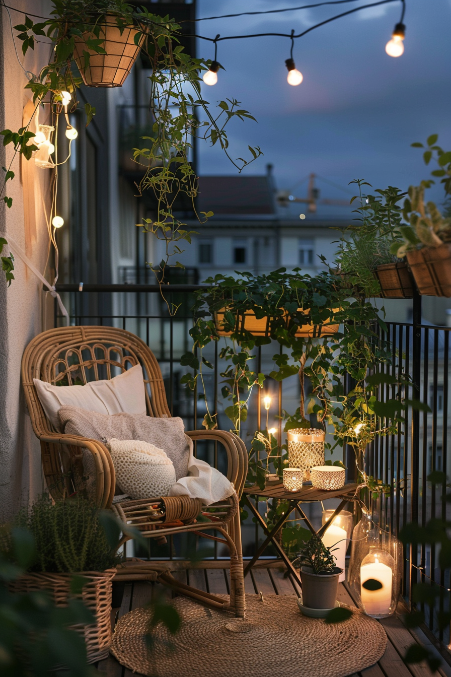 Rustic small urban balcony. String lights and climbing plants with rattan chair.