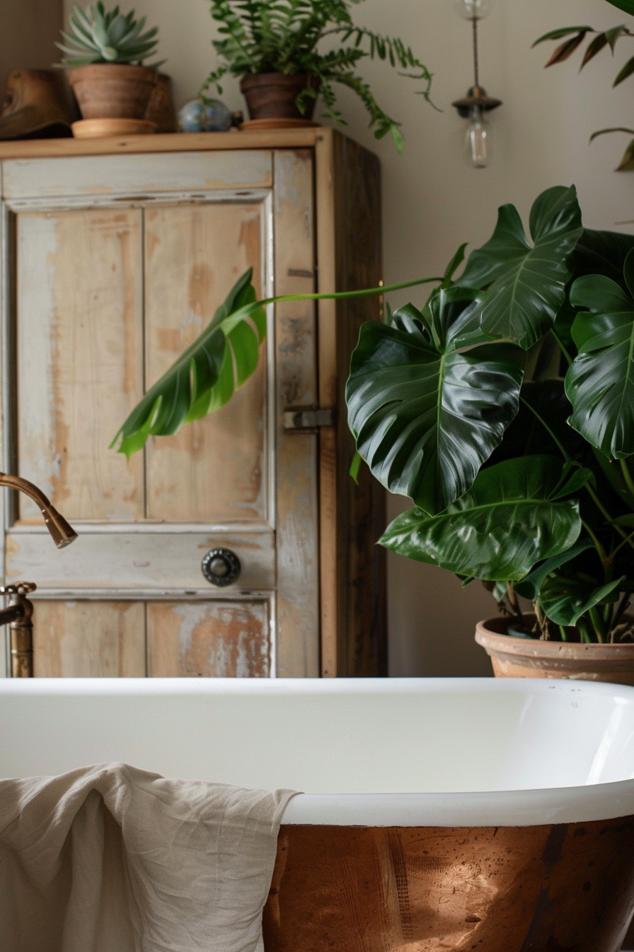 Earthy Boho Bathroom. Freestanding copper bathtub paired with a pot of large leafy indoor plant.