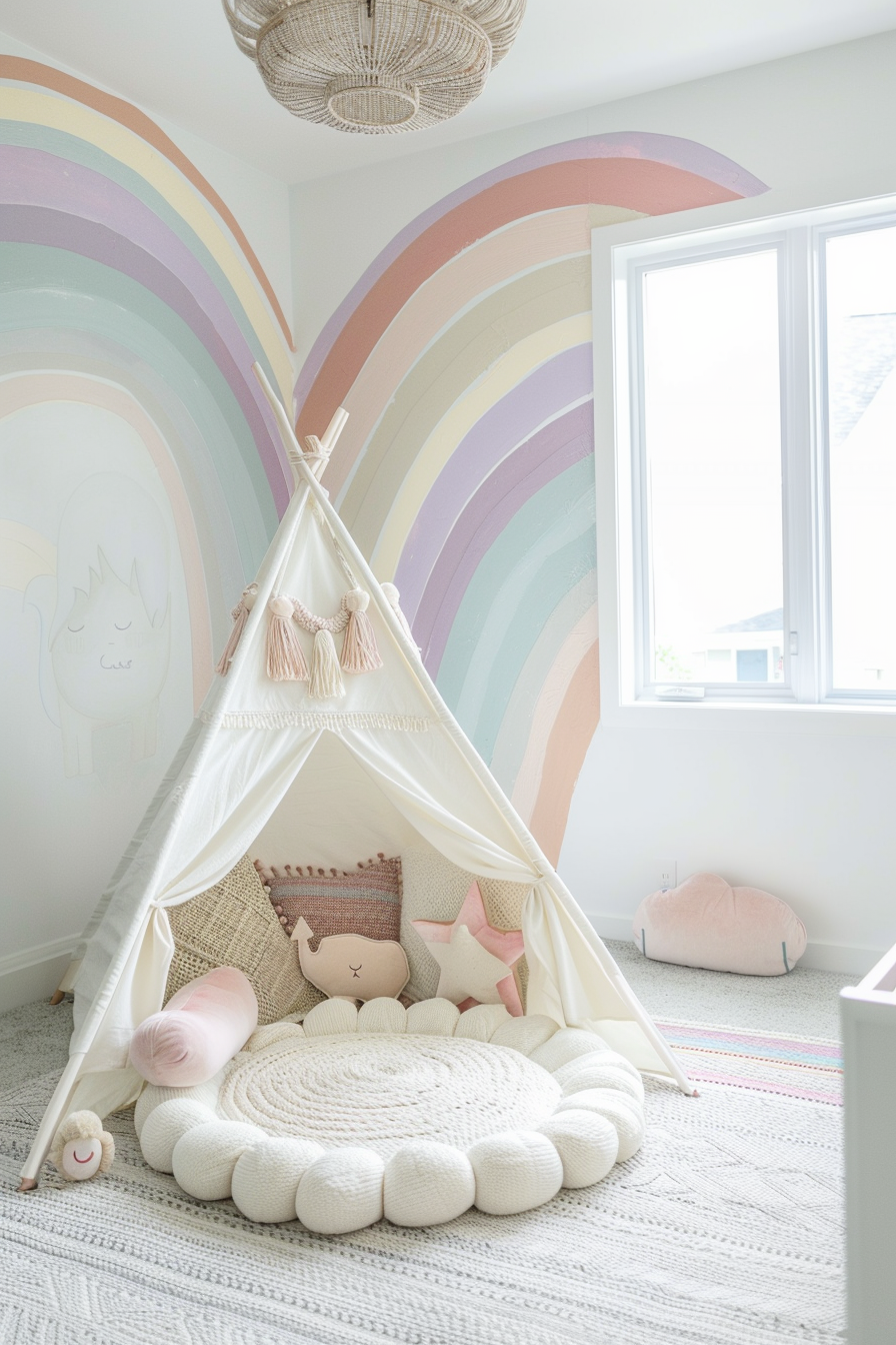 Boho nursery. Pastel rainbow mural with plush cream teepee.