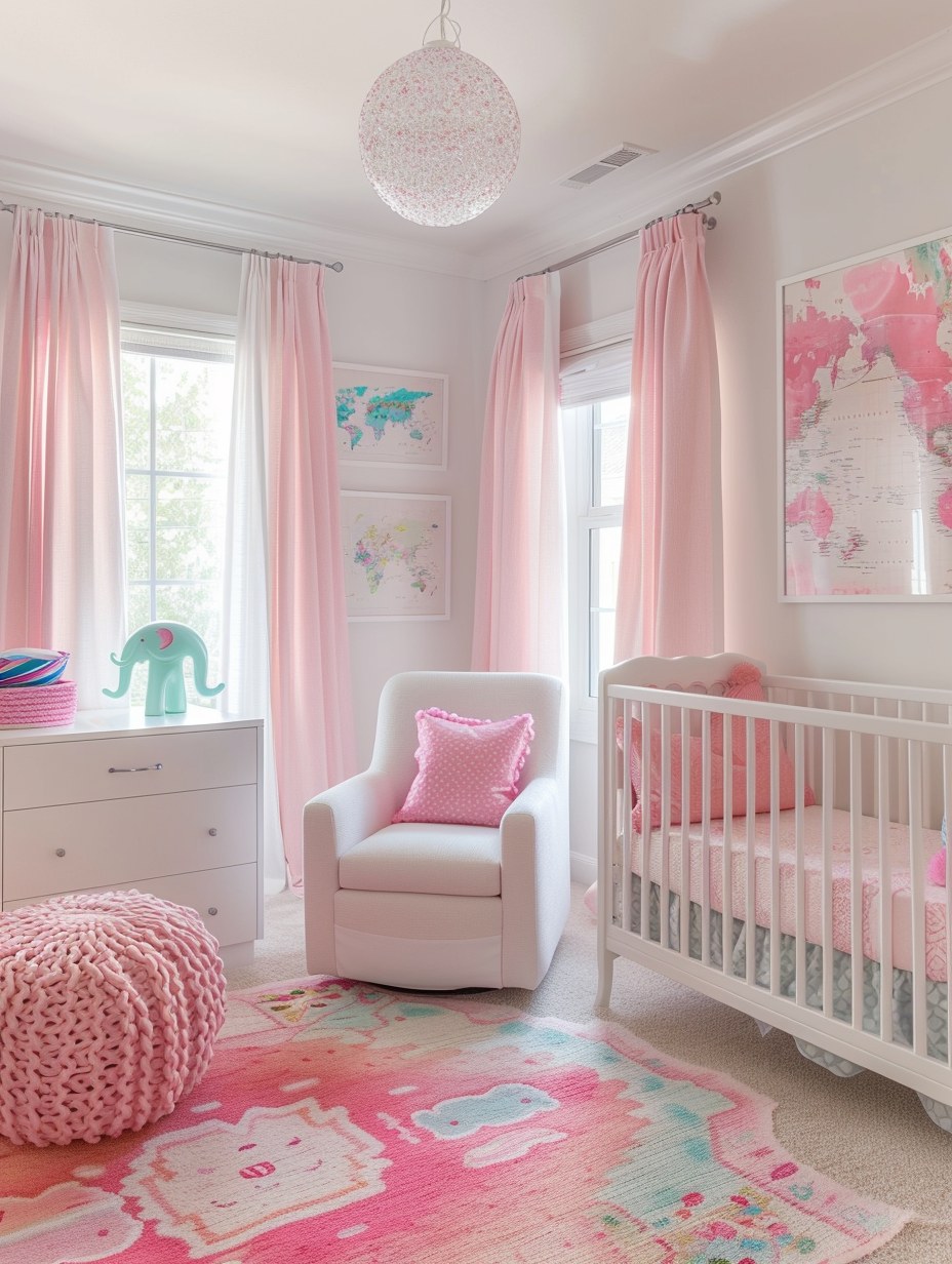 Modern pink nursery. Whitewashed crib set on shag rug, soft pastel paisley curtains streaming natural light on rose-tinted walls adorned with abstract watercolor paintings. Miniature hot pink rocking chair cornered besides white sizeable square storage filled with plush toys. Framed pastel world map on oyster white side cabinet complementing with the mirthful pastel patterned jumbo throw pillow. Sea-foam green bobble poufs seated around daisy white easy-to-clean modern coffee table with a porcelain elephant piggy bank for added charm. Pink and aqua braided crib bumpers undershadowing light daisy pink breath mobile. Ultra bright LED sputnik chandelier cozily sits just above the nursery main area showcasing the wide view on full visual bloom evening-enhanced by gentle sunset tones streaming in from the oversized double hung window-doors collaborating for an aesthetically pleasing modern soothe.