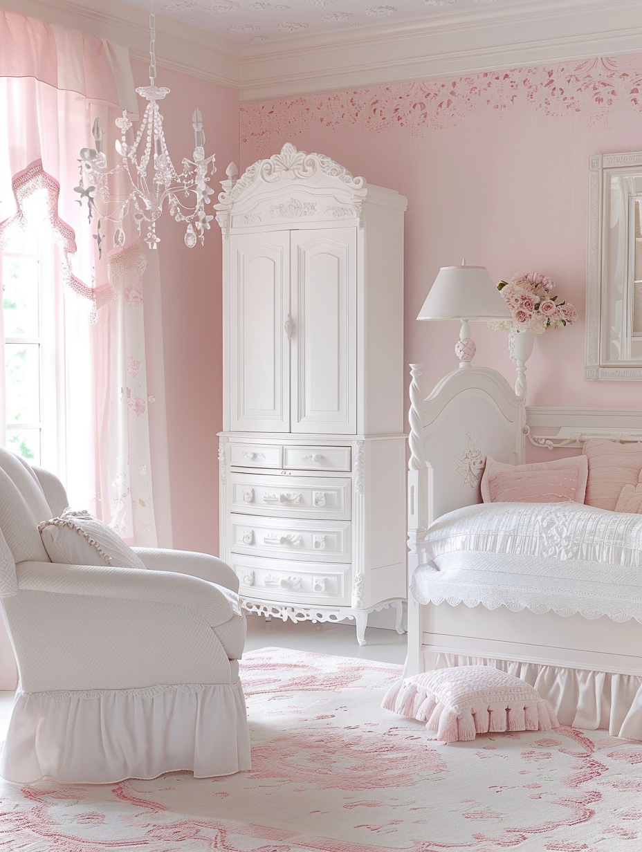 Nursery. Baby pink painted walls with white vintage furniture sets.