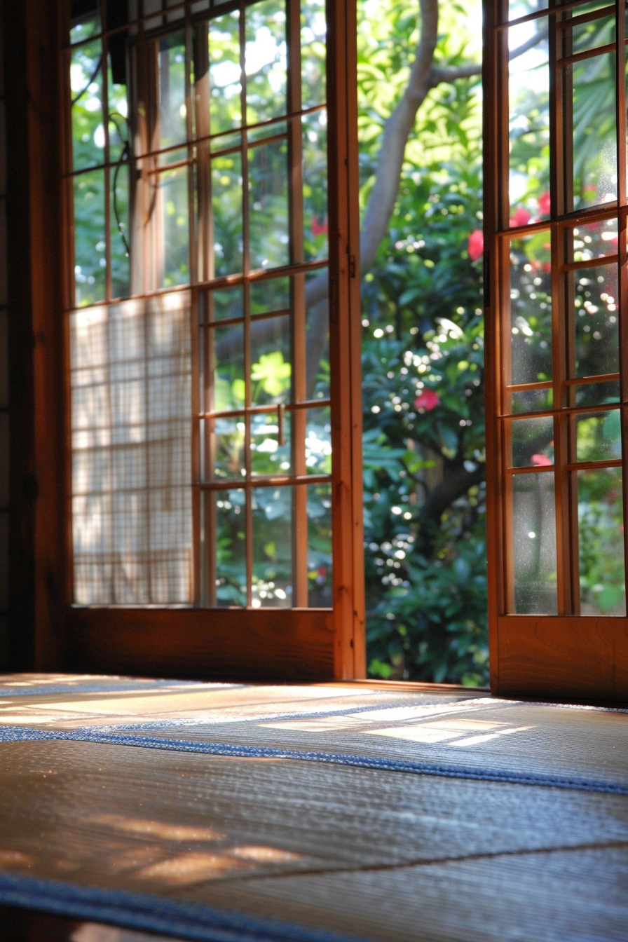 Interior of Japanese tiny house. Sliding shoji doors with tatami mat floor.