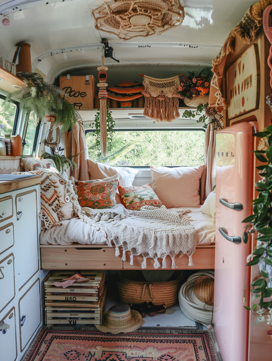 Full interior view of boho-designed camper. Pastel sky blue unit with cream cushions, terracotta accent pillowcases, light wooden crates for storage, a wind chime in the color of twilight meadow hanging over the bedspread, pinkish fridge, and some mismatched vintage cutlery. Handwoven Aztec tapestry in desert-spice shade draped as a room divider with window-wrapped foliage framing the interior display. Cedar wood decor items sparingly scattered around echo focus tones.