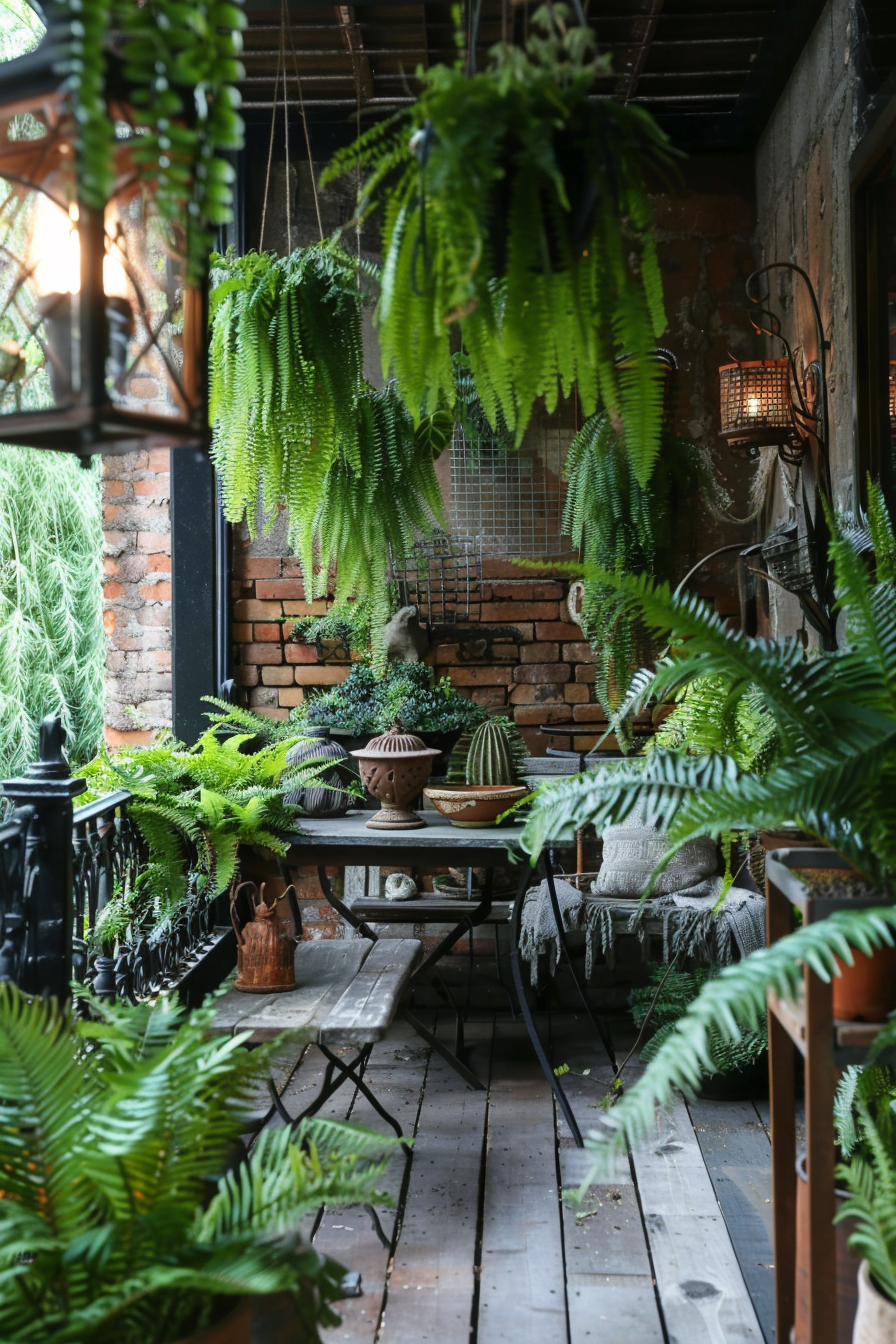 Rustic urban balcony. Hanging ferns with antique wood furniture.