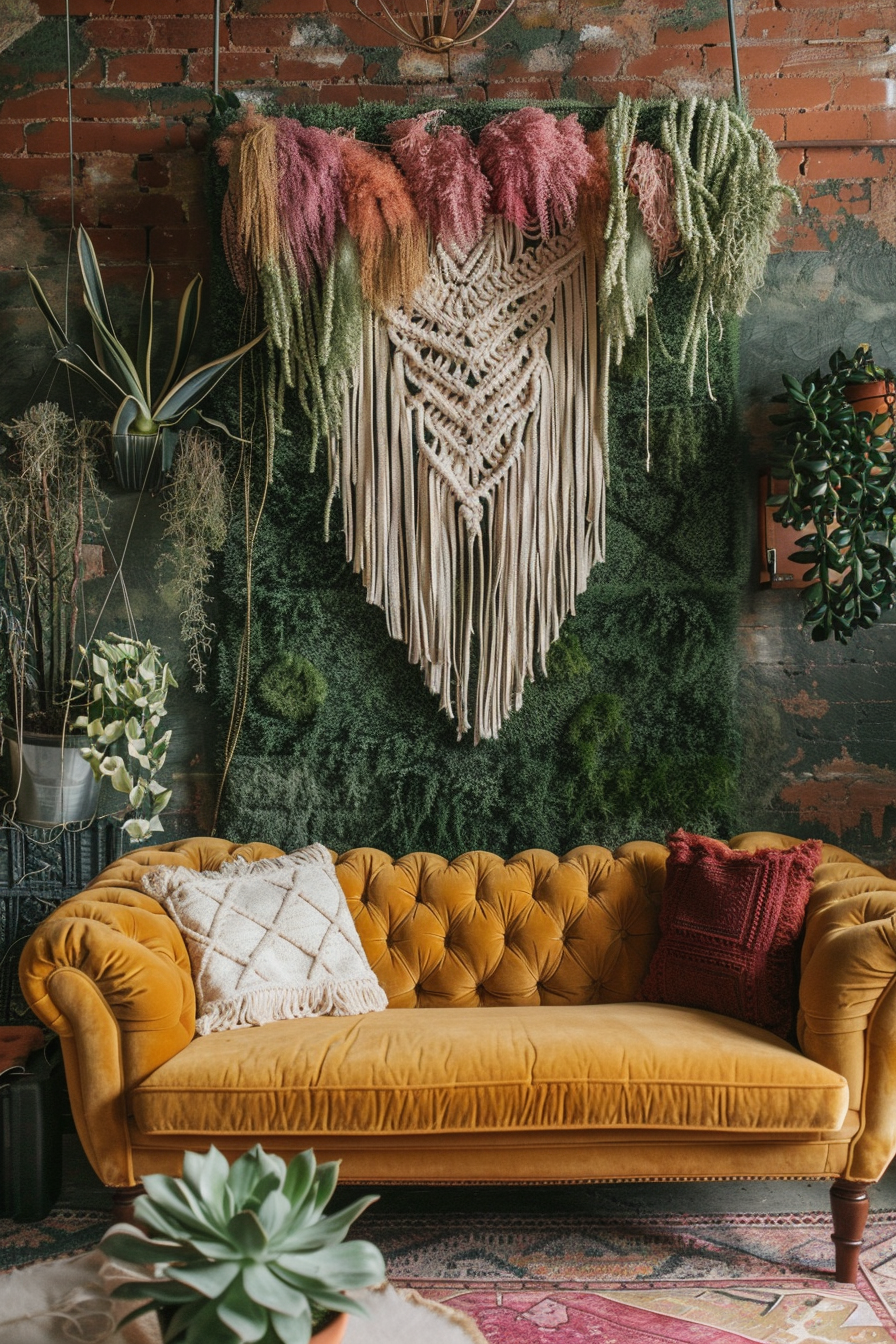 Boho-designed living room. Grass wall installation paired with an off-white macrame hanging, honey-coloured velvet sofa and assorted potted succulents.