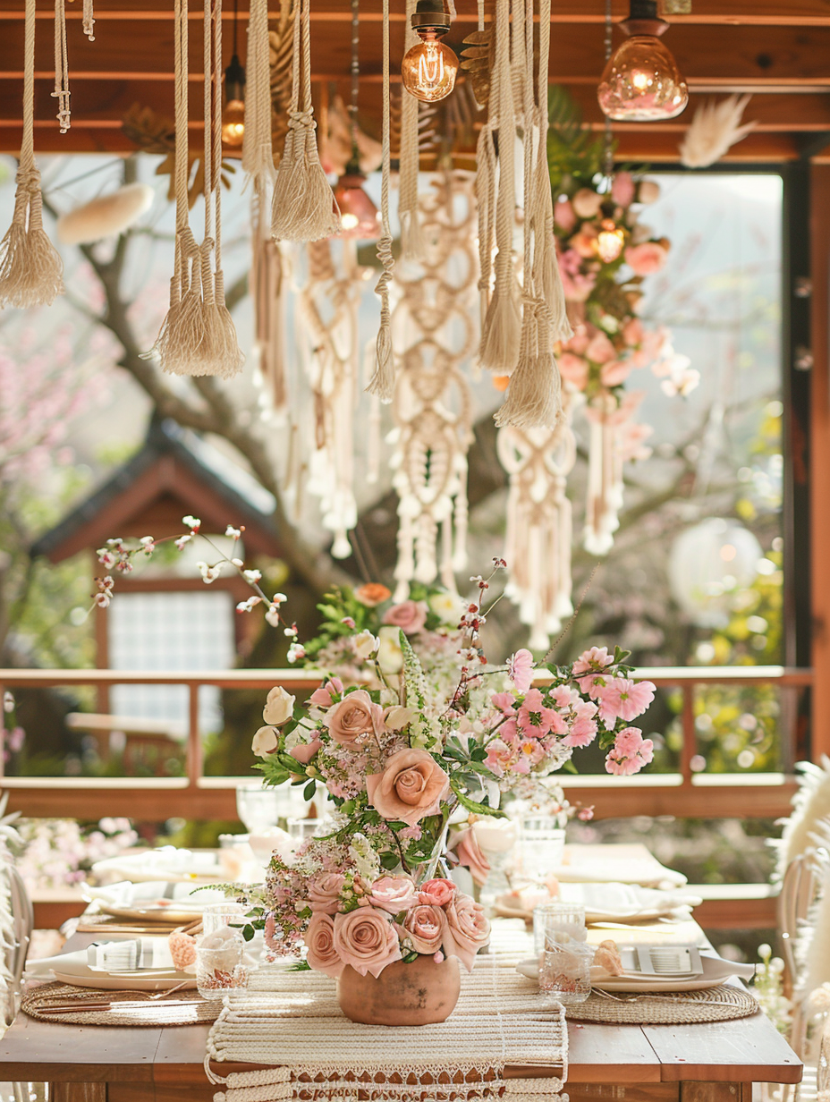 Boho-themed party design. Macrame wall hangings and cherry blossom centerpieces with floral napkin rings.