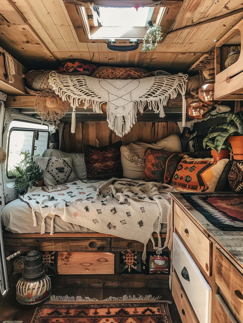 Boho Camper Interior Design. Weathered wood details with ornate Indie rugs, dotted with succulents, cream crocheted macrame on walls, clustered lanterns for lights over the rooftop bed.