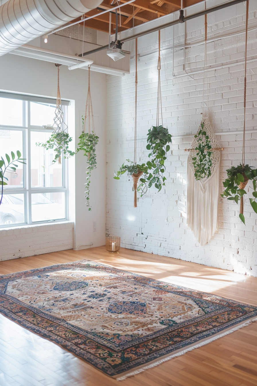 Yoga studio. Minimalistic hardwood floors, hanging macrame planters with green succulents, white brick walls, large boho patterned rug and aesthetic lotus-shaped candle holders.