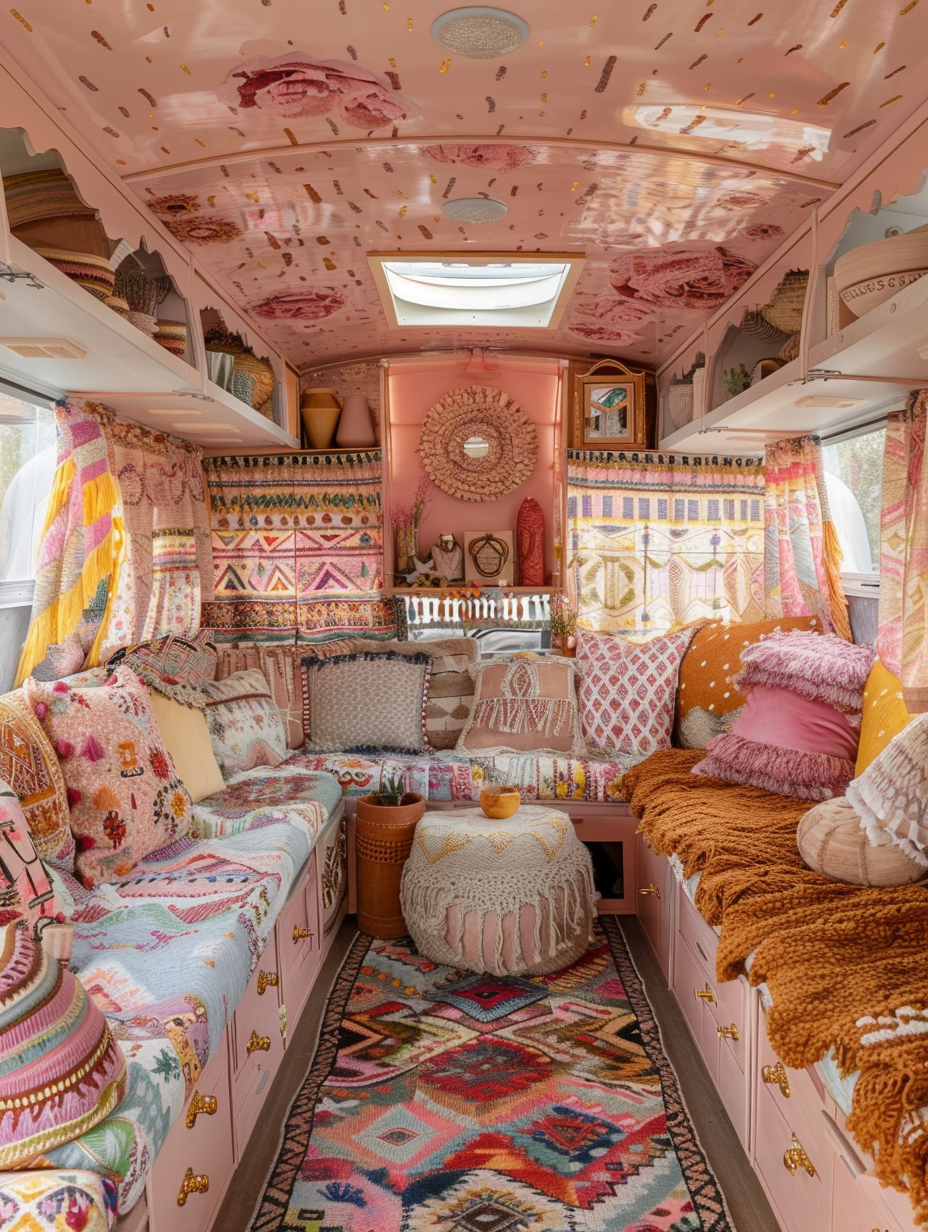 Interior view of camper. Boho designed with pastel-colored Aztec-patterned cushions, rugs, and curtains.