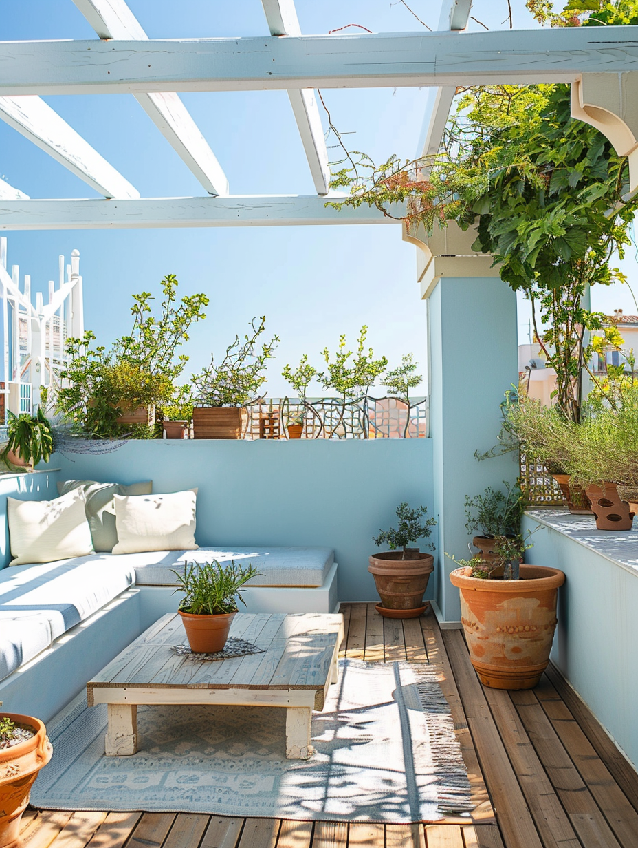 Urban Rooftop. Outdoor seating area with pastel blue painted walls and white trellises, terra-cotta herb planters under the sunlight, and varnished wooden deck.