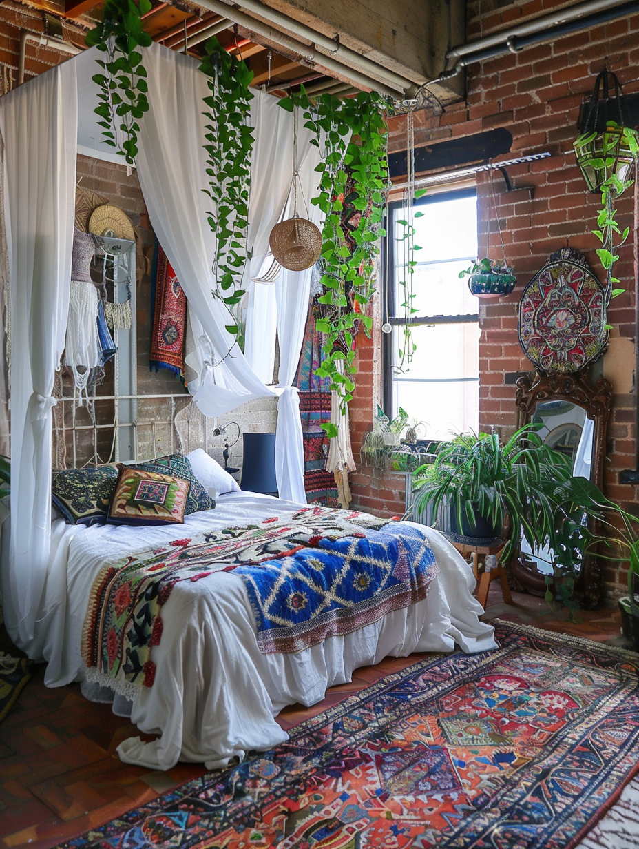 Loft bedroom interior. Exposed brick walls, bohemian-style white canopy bed with blue and green intricate designs, numerous hanging plants by the broad windows, artisan woven wall tapestries, multi-pattern rug featuring artistic geometric shapes, vintage floor length mirror propped on the wall, and an open concept wardrobe filled with a collection of colorful, patterned and textured fabrics.