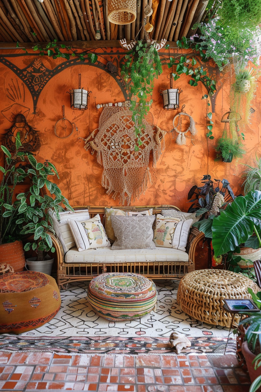 Boho living room. Earth-toned pillows on rattan furniture with grass and potted plants on Terra-cotta covered wall.