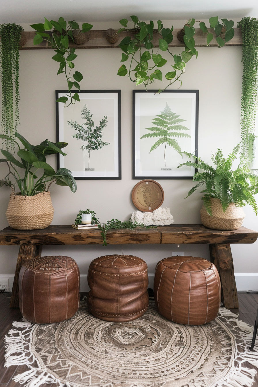 Boho living room design. Dark wood console table, leather pouf ottomans, macrame rug, plant prints in slim black frames, bamboo hanging coin light fixture, grass wall installation highlighted by track lights.